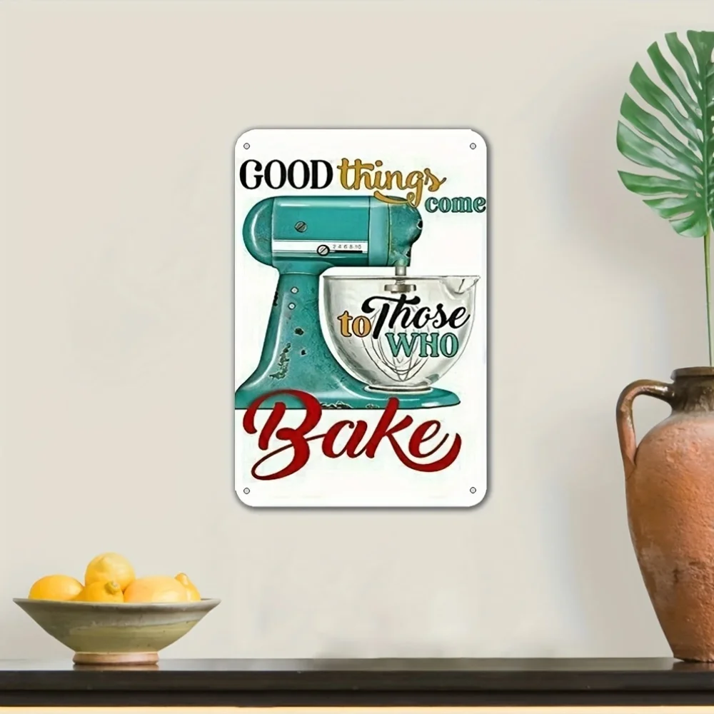 Azul-verde u0026 Arte de pared de metal blanco - 'Baker Gets Good Stuff' Letrero de aluminio de 8x12 para decoración de cocina, hogar, cafetería y oficina