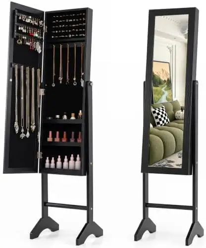 Jewelry Armoire with Full Length Mirror, Freestanding Jewelry Organizer Cabinet with Ring Slots, Earring Holders