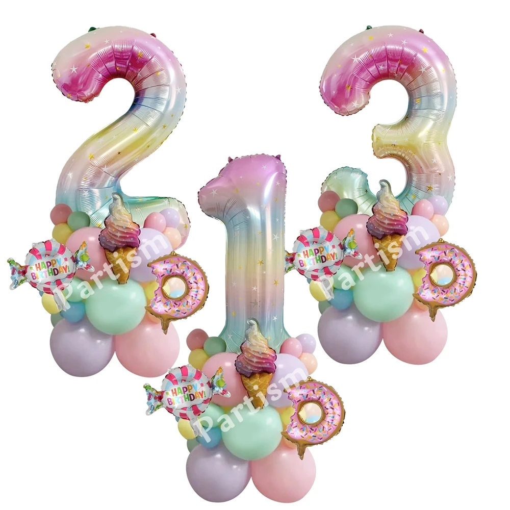 28pcs Donut Ice Cream Balloon Tower Star Rainbow Number Balloon for Girl's Donut Happy Birthday Party Decoration Kids DIY Gifts