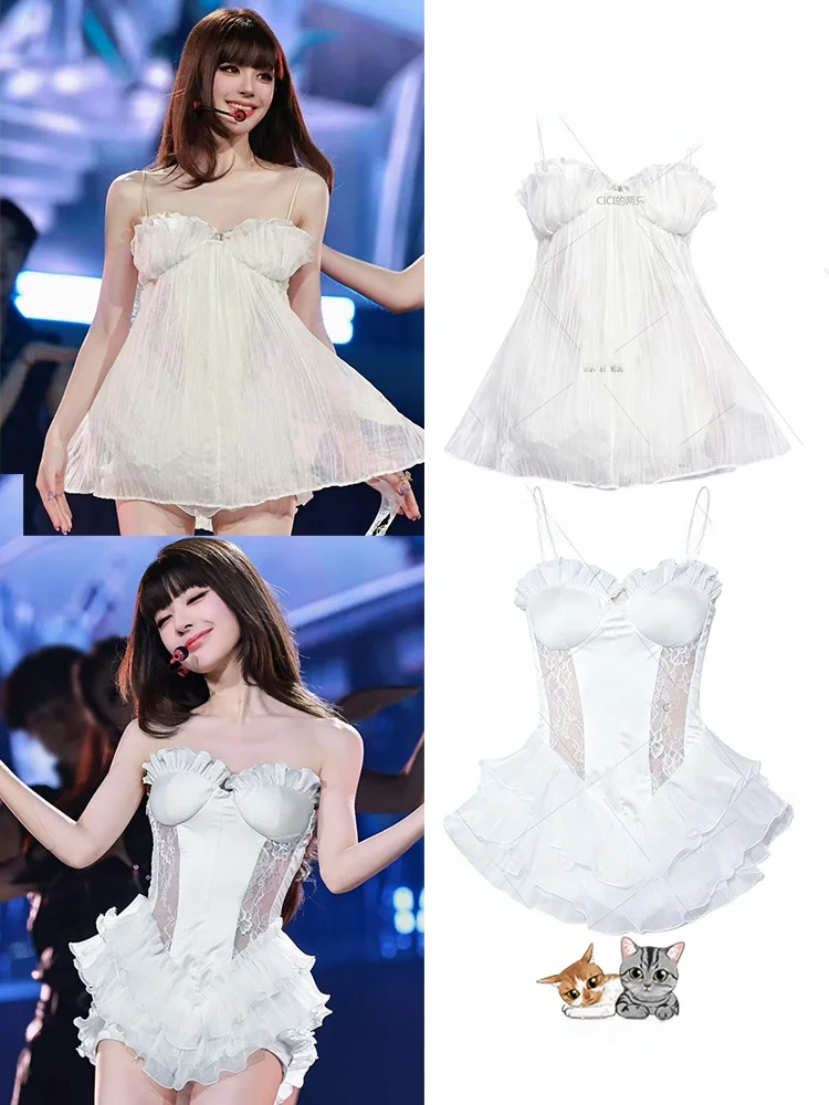 Sexy Lace See-through Top Shorts Performance Costume White Lace Trim Camisole Skirt Concert Performance Uniform for Women