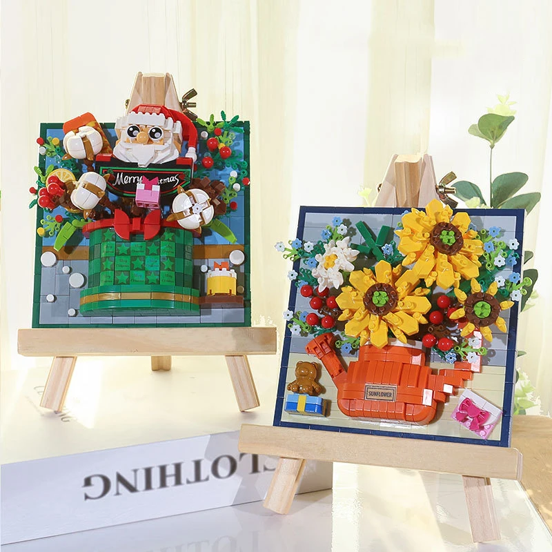 Sunflower 3D Photo Frame Santa Claus Building Block Assembled Carnation Model Lily Rose Bricks Toy Home Decor For Christmas Gift