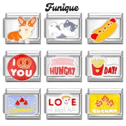 FUNIQUE Creative Charm Bracelet Fries Bread Cat Corgi Italian Charm Links Fit 9mm Bracelet Stainless Steel Making DIY Jewelry