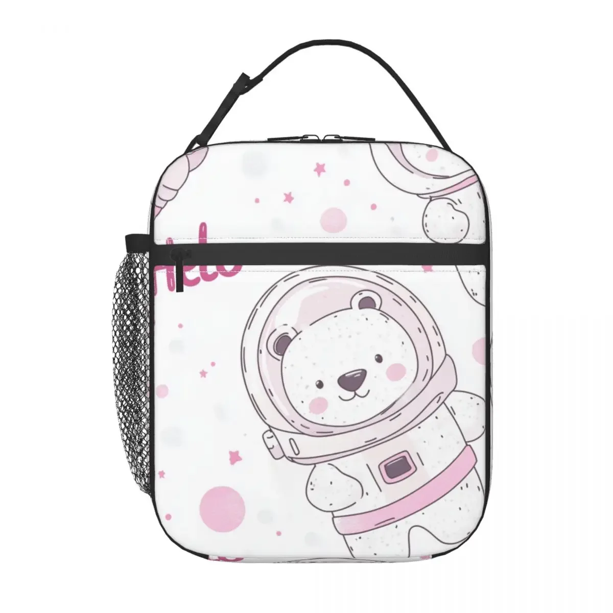 

Изолированная сумка для обеда с милым дизайном Space Bear, прочная ткань Оксфорд, подкладка PEVA, передние сетчатые карманы, идеально подходит для школьных путешествий