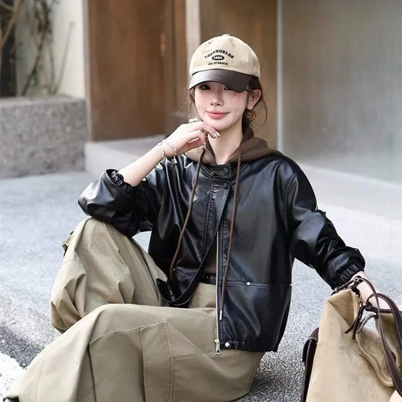 Autumn Women Fashion Contrast Color Knitted Hooded Patchwork Faux PU Leather Jacket Loose Casual Long Sleeve Female Biker Jacket