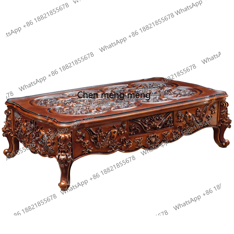 

European natural marble oak carved coffee table TV cabinet combination new