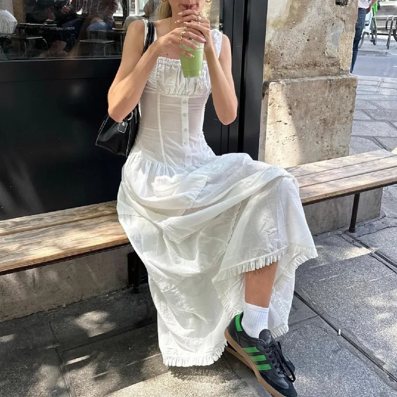 

Elegant Square Collar Solid Color Long Skirt Casual Summer Slim Lace Sleeveless Temperament Sexy Backless Dress Party Beach Vest