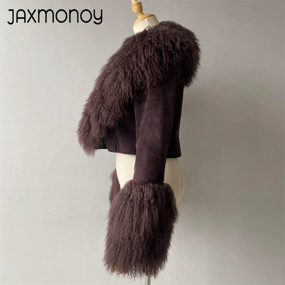 Jaxmonoy-Jaqueta de camurça verdadeira com gola e punhos de pele de ovelha feminina, casaco luxuoso para senhoras, mongol, outono e inverno 2024