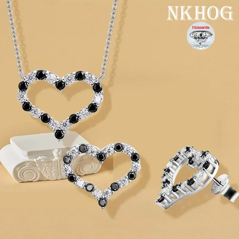 

NKHOG в форме сердца, муассанитовое ожерелье, серьги, комплекты ювелирных изделий, серебро S925, черный и белый бриллиант, кулон, серьги-гвоздики, женский подарок GRA