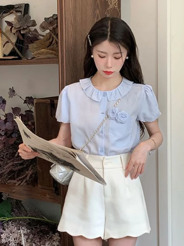 French Design Shirts Flower Patchwork O Neck Puff Sleeve Solid Color Blouses All Match Summer Casual Loose Women Clothing 2024