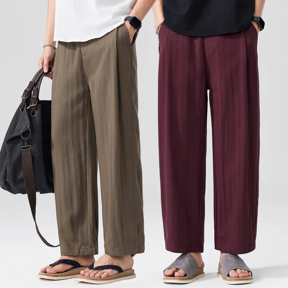 Linen Blended Ankle-length Pants Men Spring Summer Streetwear Loose Vintage Fashion Plus Size Casual Pants Trousers