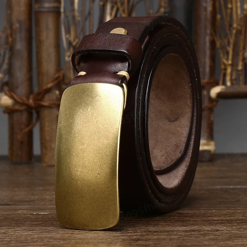 3.3cm Wide Full Grain Leather Men Belt Smooth Copper Buckle Retro Fashion Waist Strap