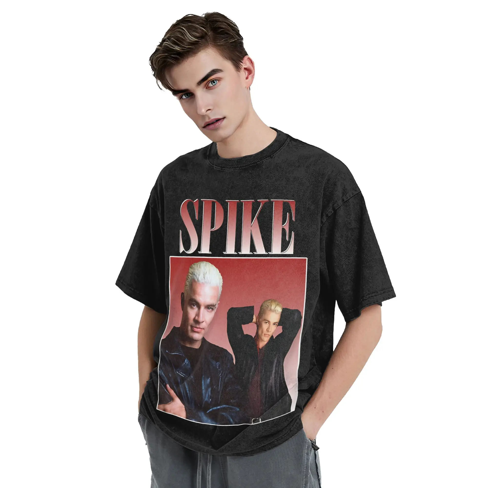 Spike Retro Buffy the Vampire Slayer Washed T Shirt Streetwear Hip Hop Vintage T-Shirts  Tees Men Women Cotton Harajuku Printed