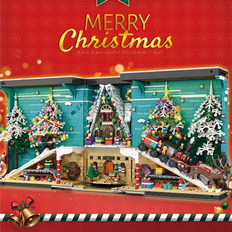 

IN STOCK 66033 Book Model Moc Building Blocks Christmas Tree House Train Bricks With Light Toys For Children New Year Gifts