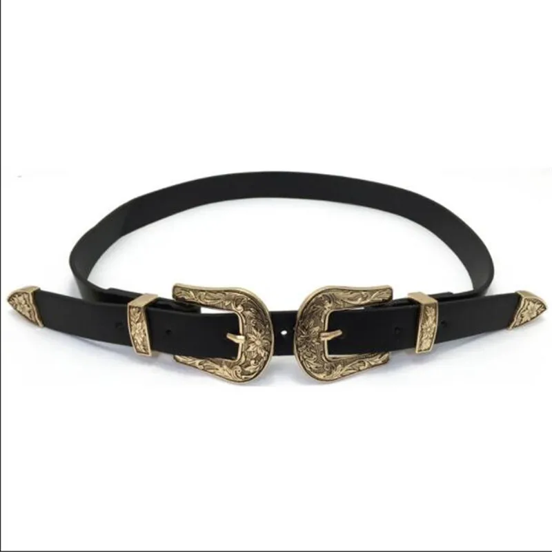 New Women Ladies Double Buckle Leather Belt Fashion Vintage Carved Double Buckle Cowhide Belt Gold and Silver Buckle Casual Belt