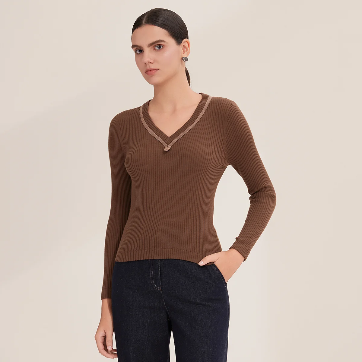 

BY4521269 Women's V-Neck Ribbed 100% Wool Sweater Pullover Long-Sleeved Fitted Style for Fall