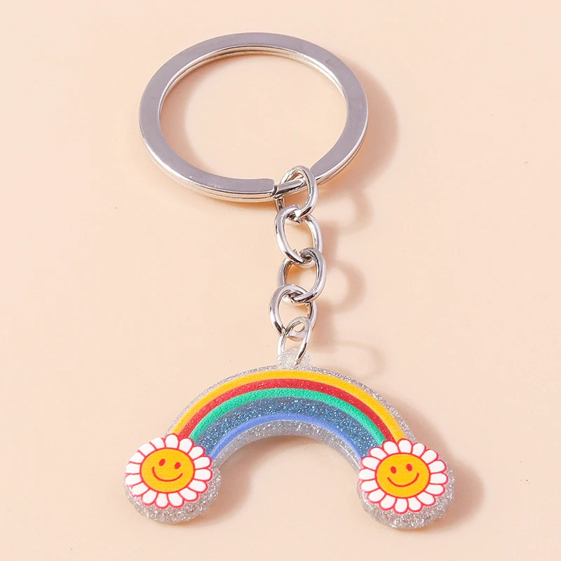Cartoon Smile Rainbow Keychain Resin Key Rings Gifts for Women Men Car Key Chain Jewelry Bag Accessories