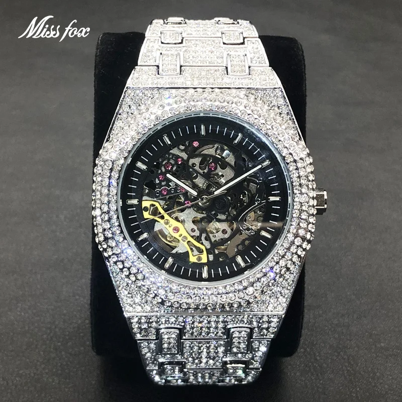 

Iced Out Automatic Watch For Men Hip Hop Style Luxury Fully Diamond Watches Fashion Silver Skeleton Tourbillon Mechanical Clock