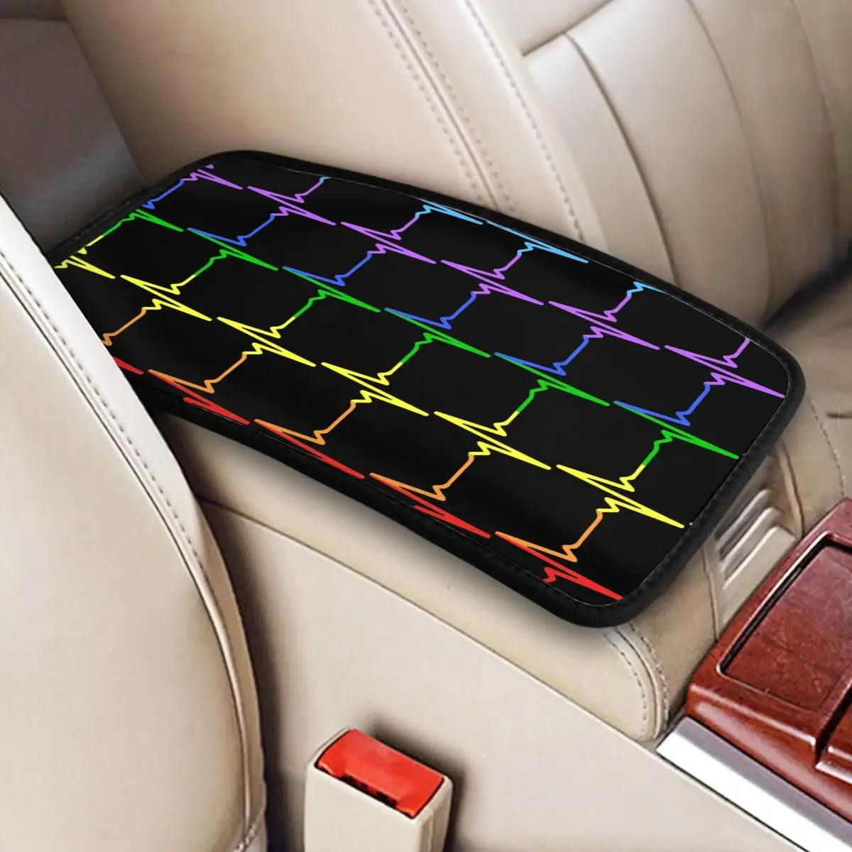 Car Armrest Cover Mat Leather Rainbow Pulse Hearbeat LGBT Center Console Cover Pad Gay Pride LGBTQ Lesbian Car Interior Cushion