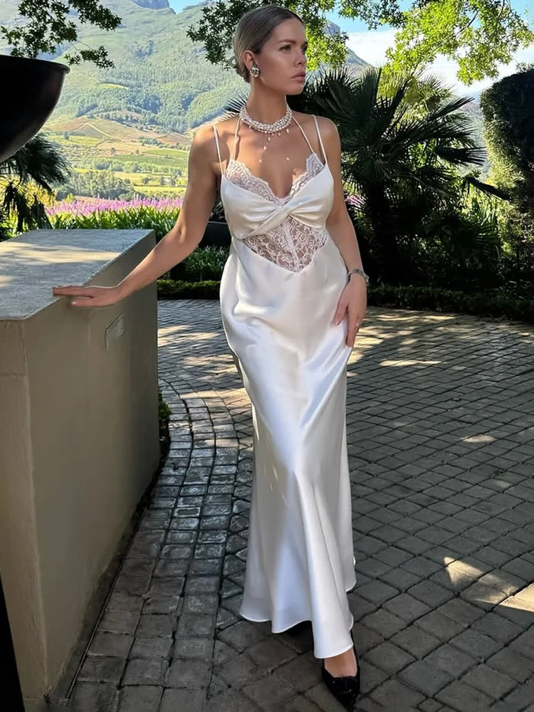 Ticketsx V-neck Lace Hollow Out Backless Strapless Dress Summer Sexy High Waist Slim Long Dress Beach Vacation Women's Dress