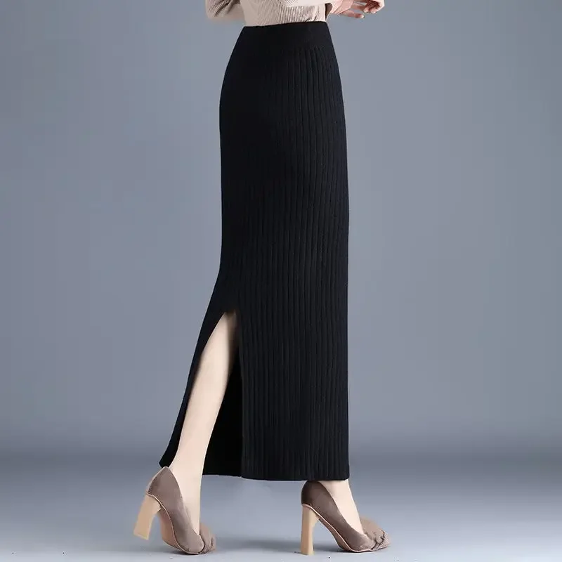 

Woman Knitted Maxi Skirts Female Vintage Elegant Office Pleated Skirt Office Ladies Long Casual Warm Elastic All-match Skirt G45