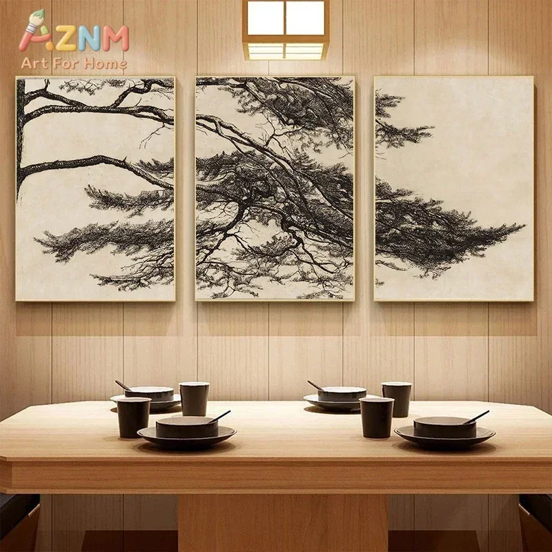 AZNM Vintage Pine Tree Branch Canvas Wall Art, Black Ink Sketch Oriental Plant Line Art Print, Unframed Canvas Painting for Livi
