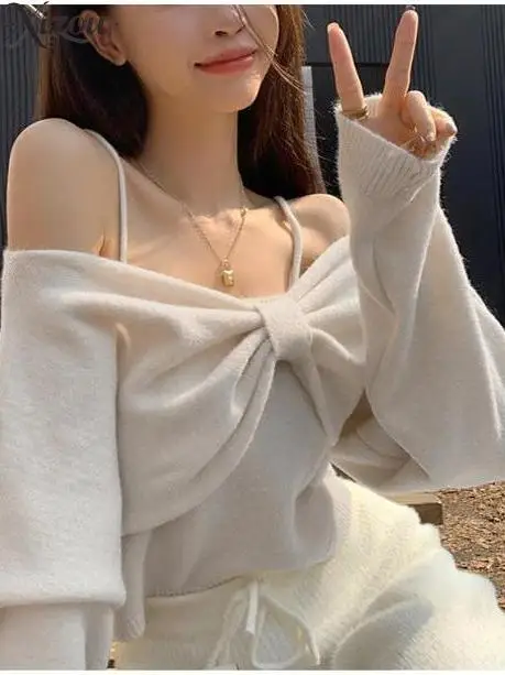 

2025 Japanese Korean Two-Piece Knit Set Women Autumn Winter Bow Off-Shoulder Long Sleeve Pullover Slim Camisole Vest Mujer
