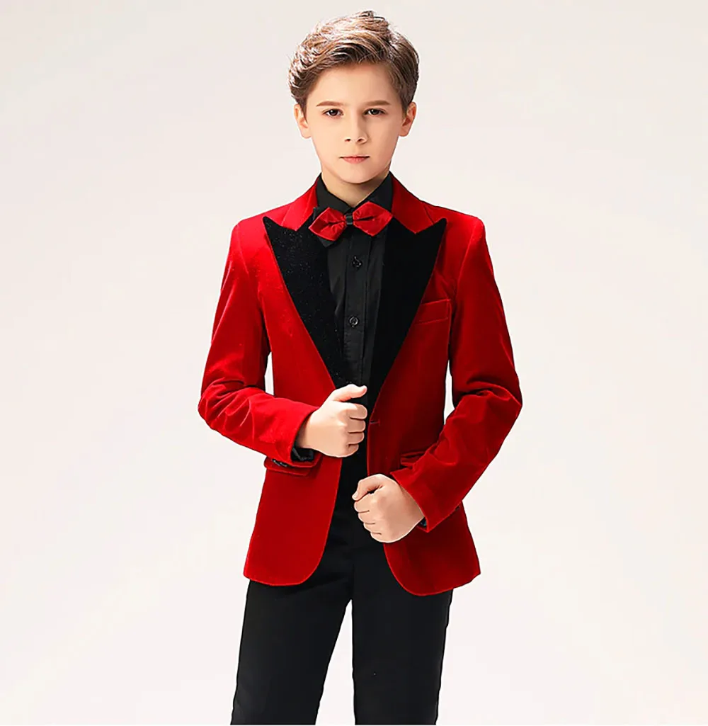 Boys Red Velvet Blazer with Black Lapel and Matching Red Bow Tie Formal Party Suit Jacket Custom Made M264498