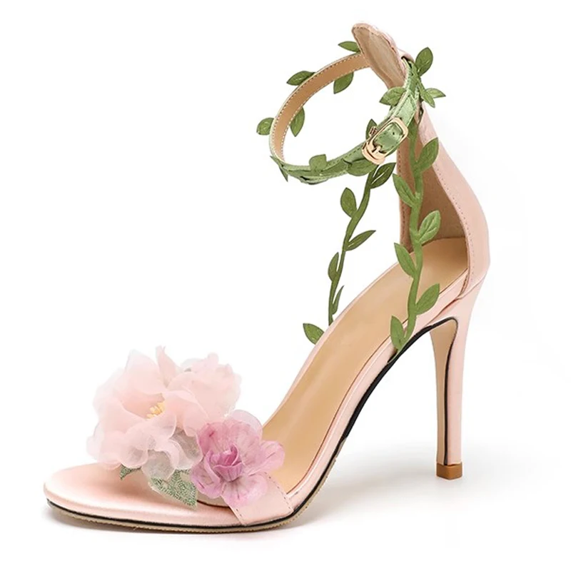 Organza Pink Flower with Leafs Sandals Thin High Heels Peep Toe Summer Rural Floral Beauty Bridal Sandalias Wedding Dress Shoes