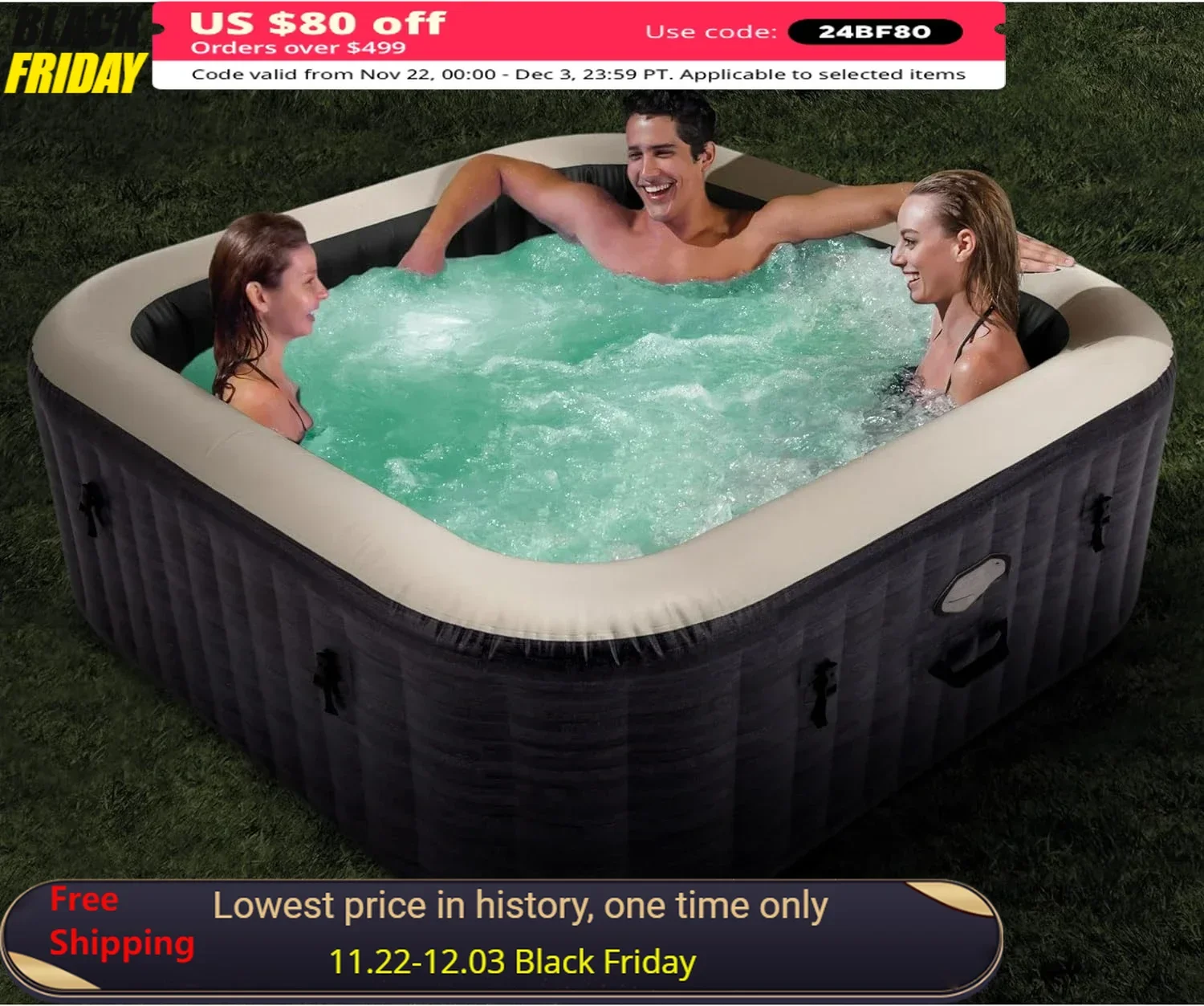 Inflatable Square Hot Tub, Maintenance Kit W/Brush, Skimmer,and Scrubber, Slip Resist Inflatable Removable Seat (2 Pack),hot Tub