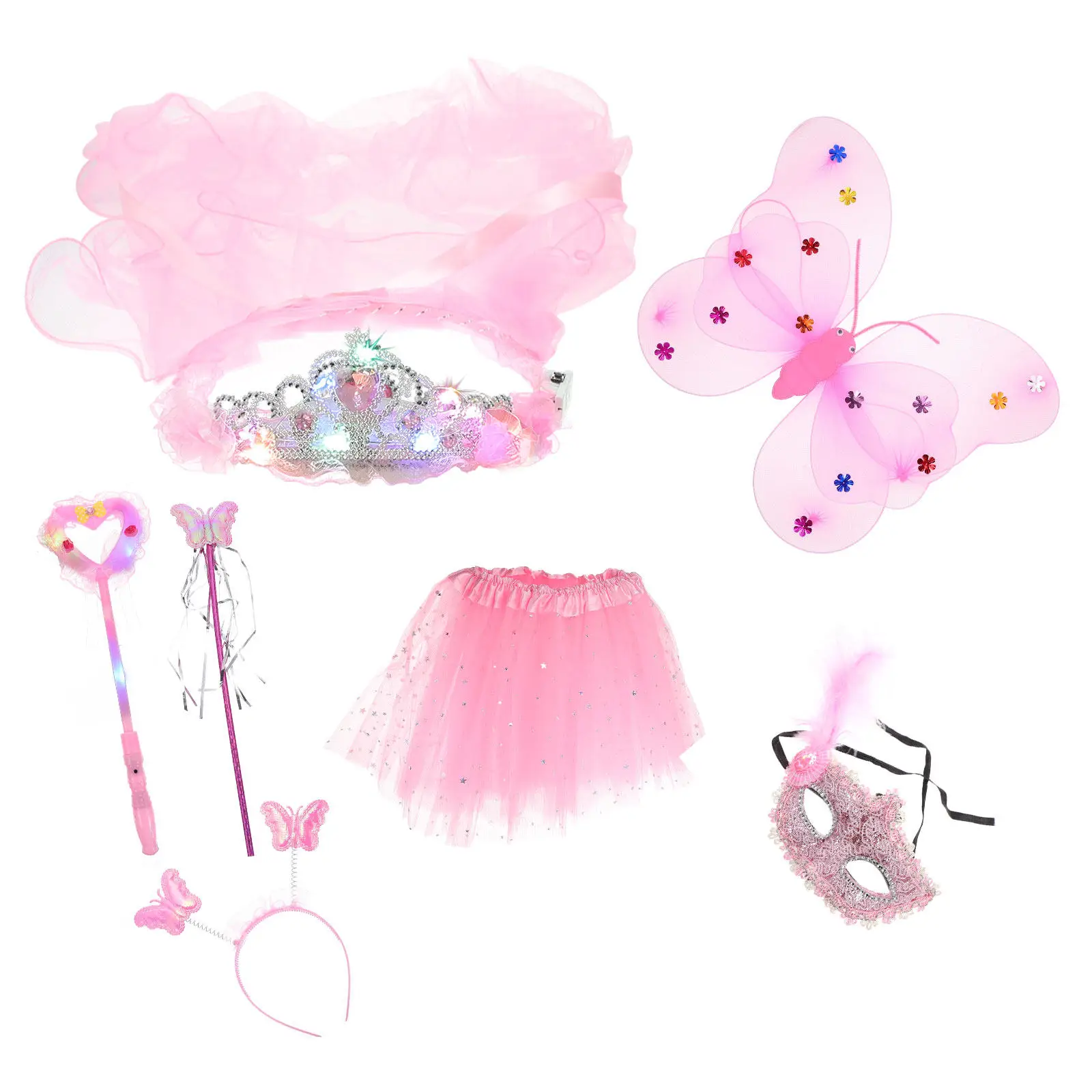 

1Set Princess Dress Up Costume Set Pink Fairy Gauze Skirt Suit Complete Accessories Kids Party Dance Performance