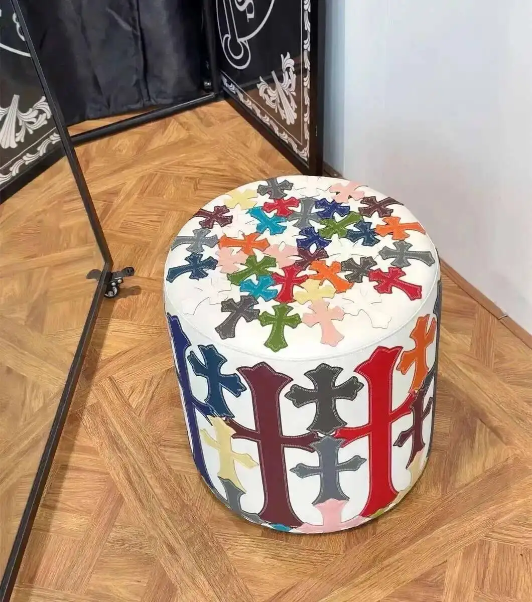 

Light Cross-stitch Luxury American Leather Stool, Shoe Changing Stool for Home Living Room, Makeup Stool, Sofa Pillow