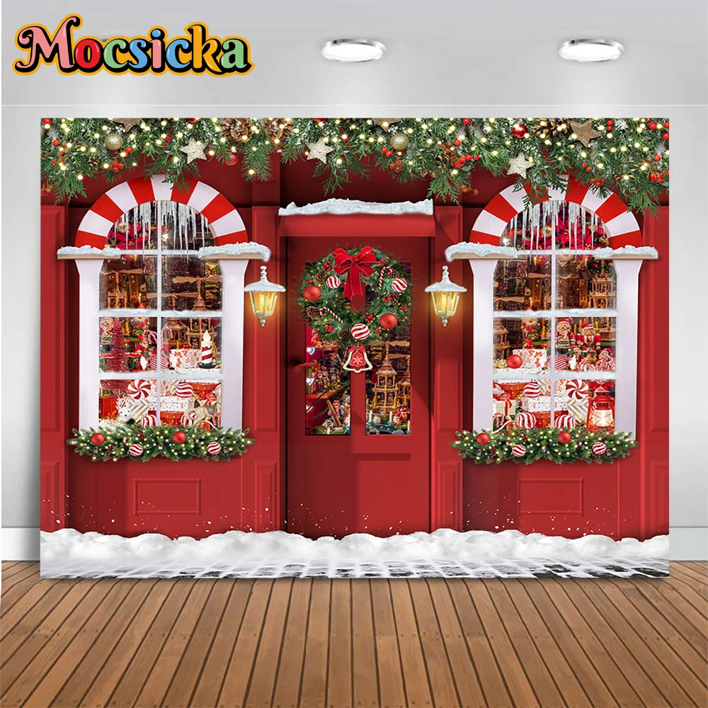 

Christmas Photography Background Studio Retro Red Candy Cane Shop Decor Gift Store Front Snow Floor Poster Backdrop Photobooth