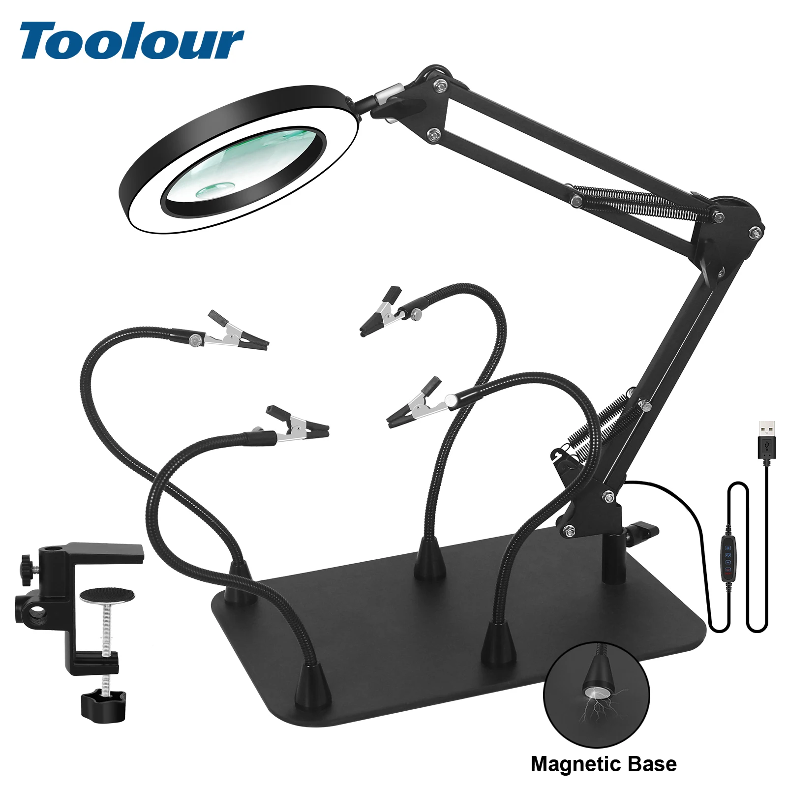 

Toolour Soldering Helping Hands 5X 10X Magnifying Glass with Light and Stand PCB Holder Magnetic Base Soldering Third Hand Tools