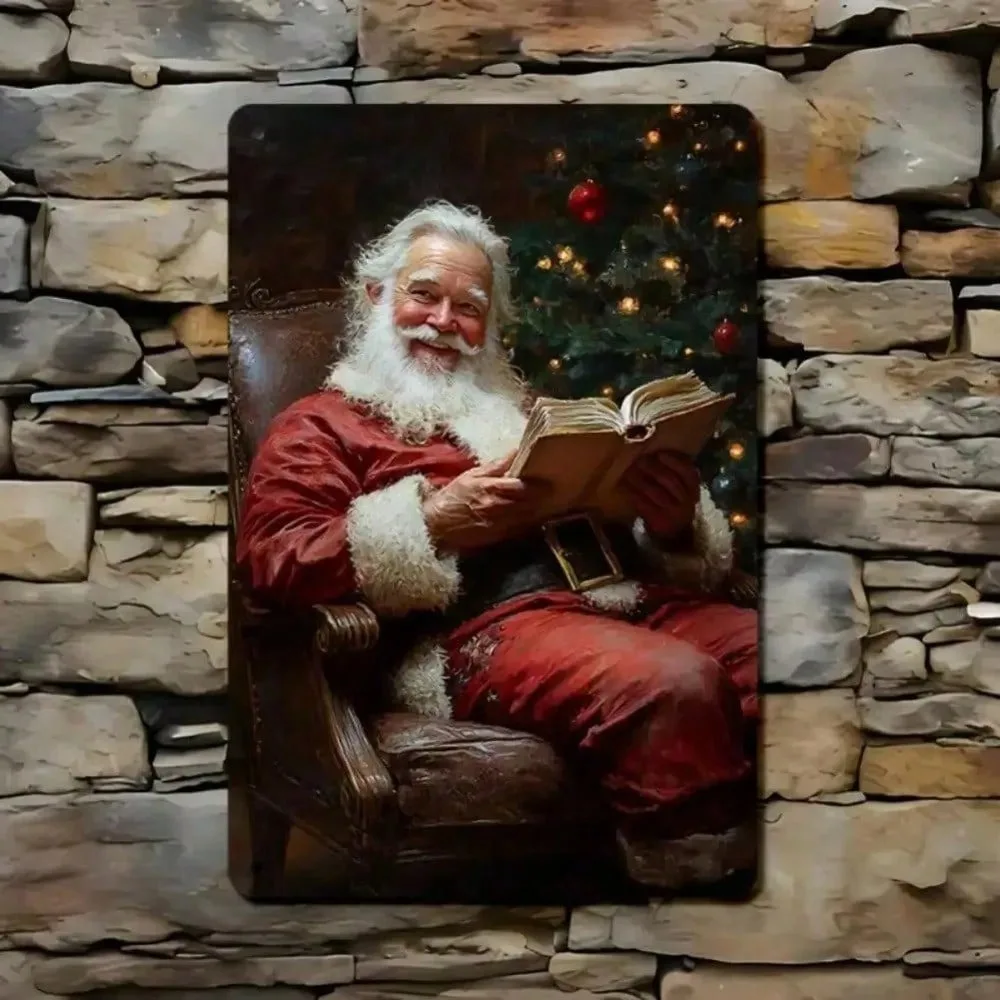 Vintage Santa Claus Metal Tin Wall Art, 8x12inch Christmas Decoration in Oil Painting Style, with Pre-Drilled Holes