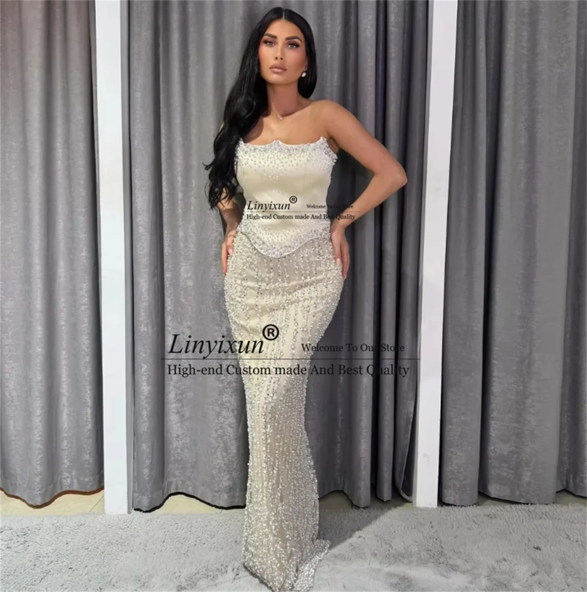 Customized Beading Strapless Mermaid Prom Dresses Strapless Backless Sleeveless Evening Party Gown Aso Ebi Long robes de soirée