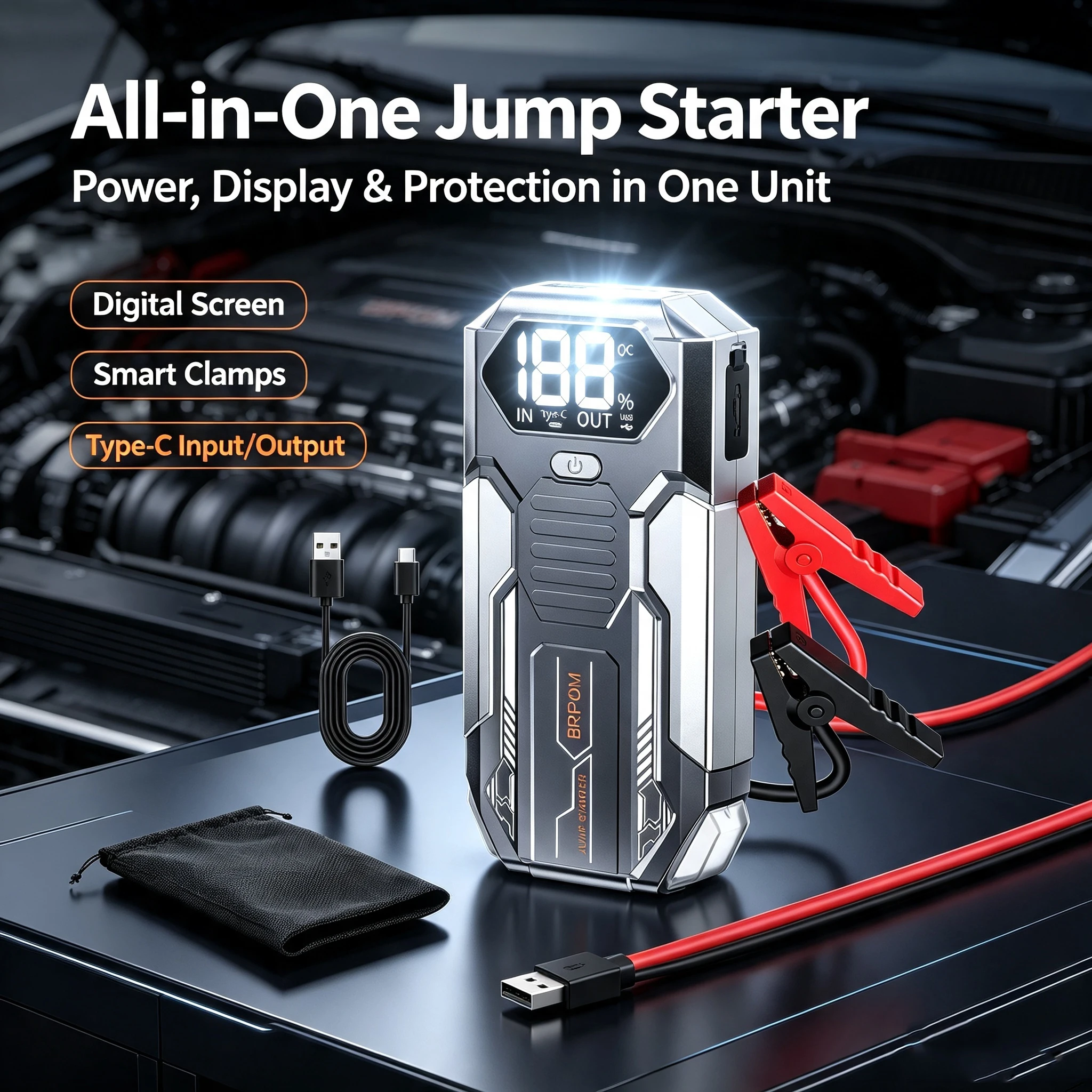 Auto-Starthilfegerät, Starthilfe-Batteriepack für 6,0L Benzin und 5,0L Diesel, 12V Tragbare Starthilfebox mit LED-Licht – Detail 3