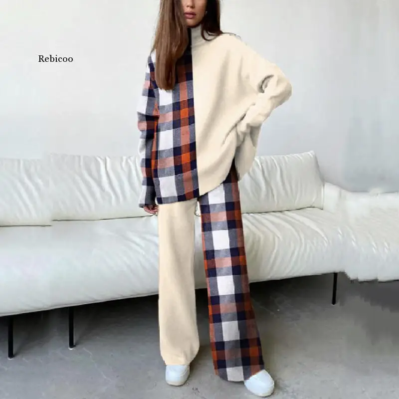 

Fashion Women Casual Warm Knitted Turtleneck Pullover Top Wide Leg Pants Outfits Autumn Winter Two Piece Sets Female Home Suit