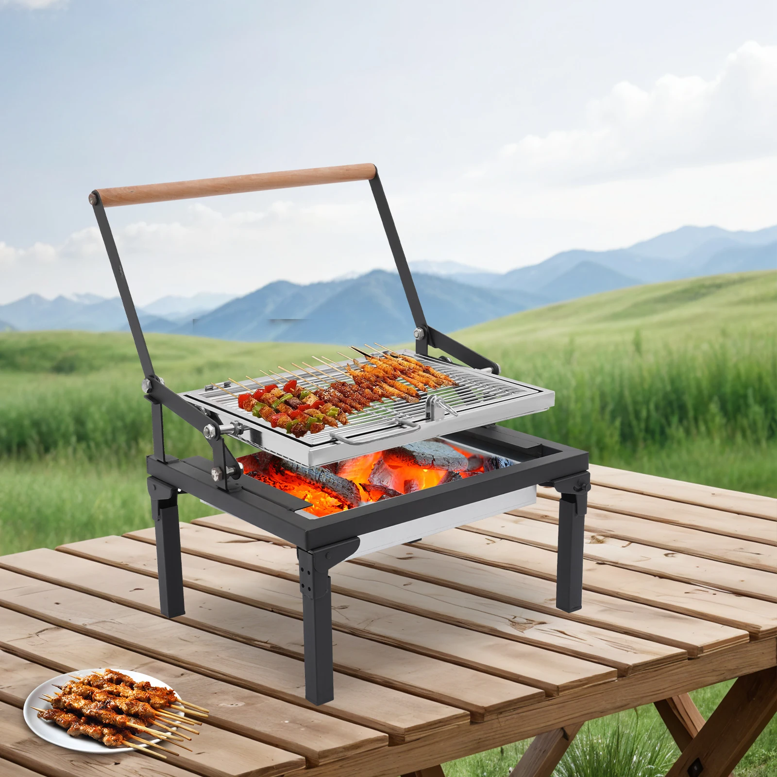 Tragbarer Holzkohlegrill | Klappbarer Camping-Holzkohlegrill mit drehbarem …