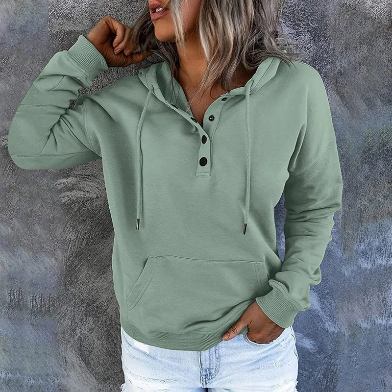 Women Autumn Winter Long Sleeved Loose Casual Button Hooded Sweatshirt With Drawstring Pocket And Fleece Tops Clothing