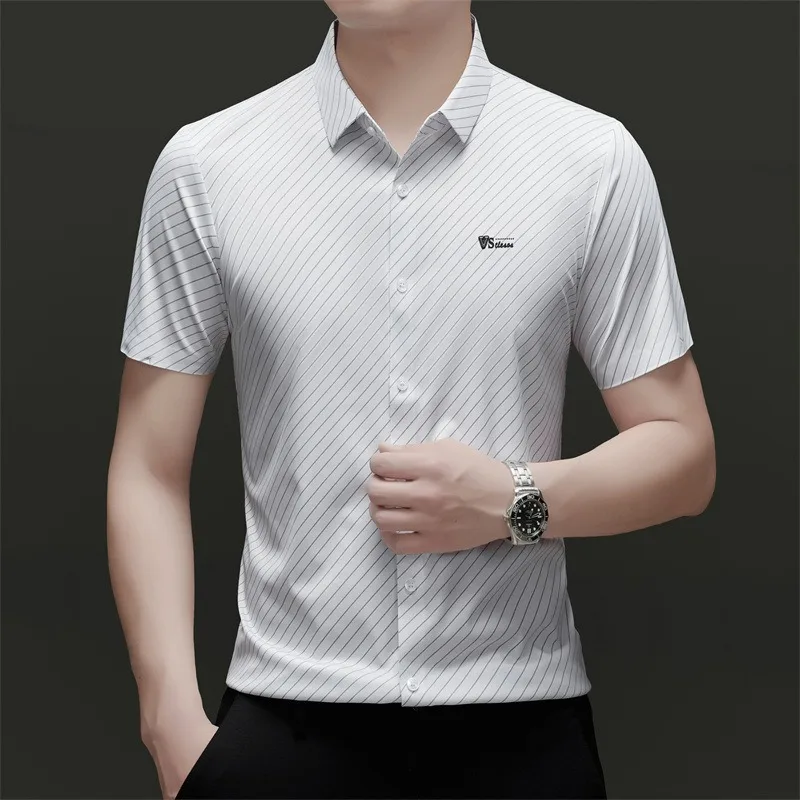 High End Mulberry Silk Shirts for Man Seamless Non-iron Anti-wrinkle Diagonal Stripe Tops Luxurious White Shirt Quality Clothing