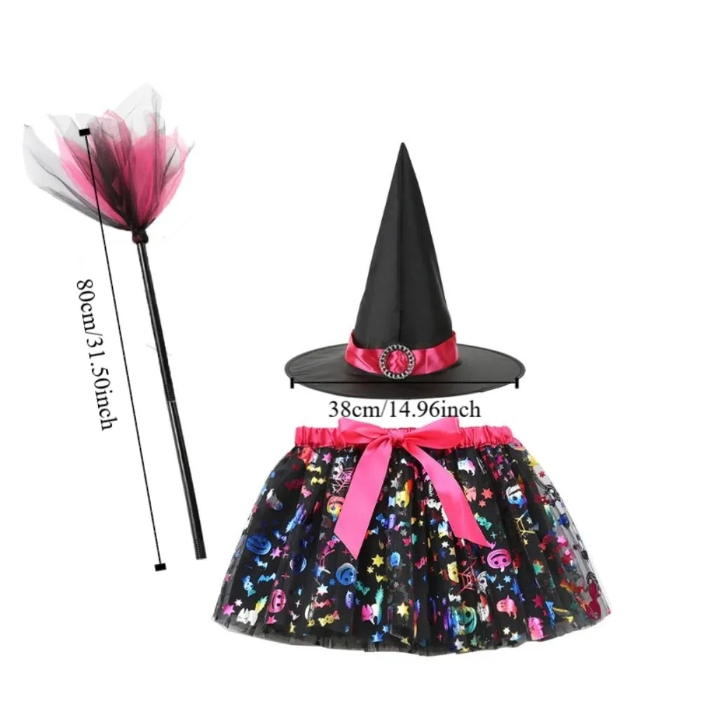 3Pcs/set Wizard Childern Halloween Costumes Pointy Hat Broom Kids Witch Dress Set Bright Color Short Skirt