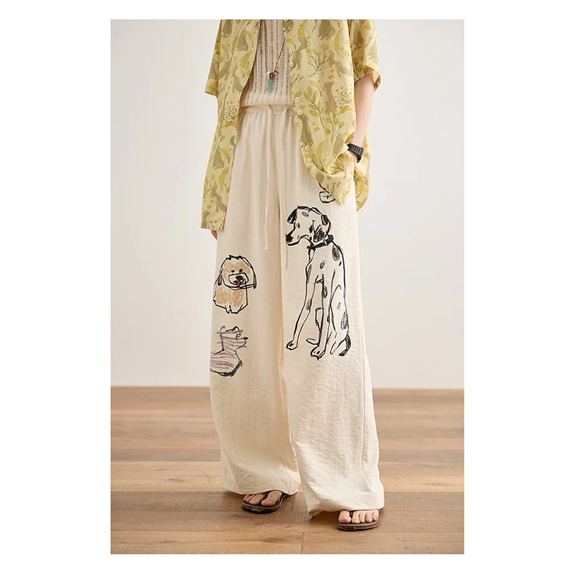 

Korean Style 2025 New Summer Women Cartoon Print Full Length Pants Casual Loose Elastic Waist Good Quality Wide Leg Pants T231