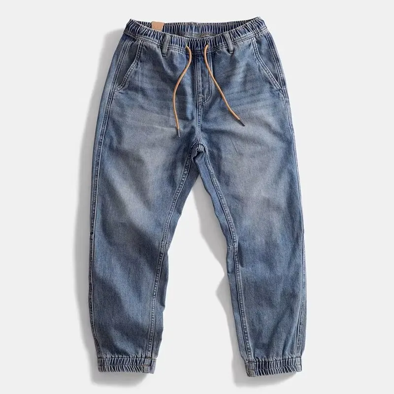 

Retro Blue Men's Jeans Elastic Waist Cargo Pants Wear-resistant Straight Leg Harlan Trousers Spring Autumn Winter Casual Cott...
