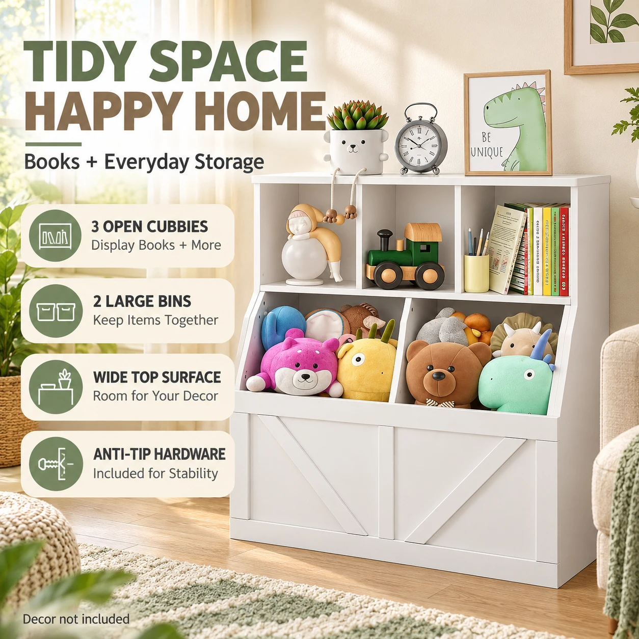 Book and Storage Cabinet with 3 Open Cubbies and 2 Large Bottom Storage Bins White Engineered Wood Floor Standing Organizer with Anti Tip Hardware for Bedroom Living Room and Home Organization
