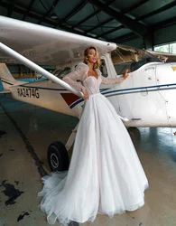 Robes de mariée vintage pour femmes, robe trapèze à manches longues en tulle, adaptée aux patients chérie, appliques éducatives personnalisées