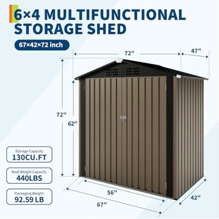 6x4 Feet Storage Shed 130 Cu Ft, Sloped Roof, Weatherproof Galvanized Steel, Gray, Rust-Resistant Lockable