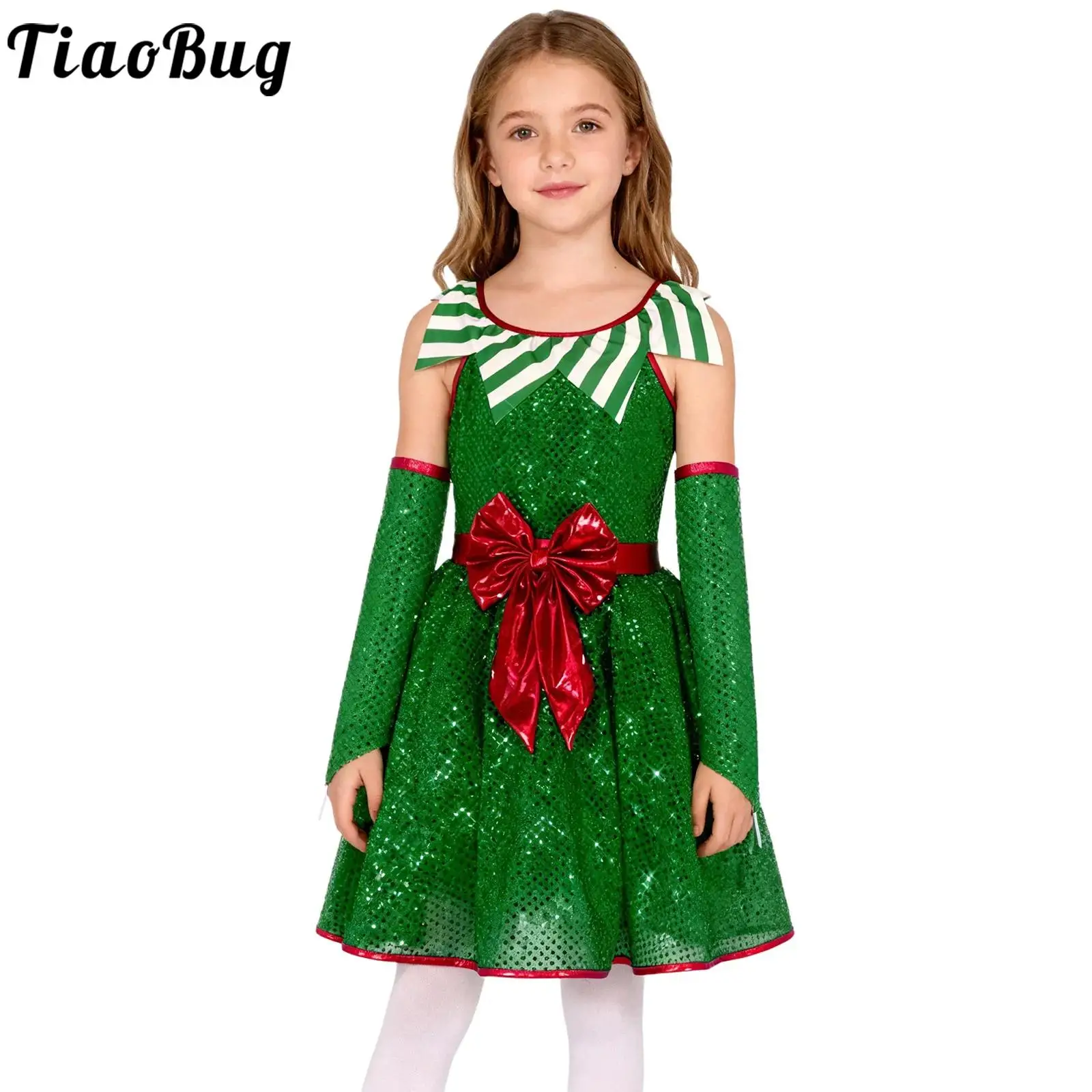 

Girls Shiny Sequins Candy Cane Christmas Dance Costume Sleeveless Striped Ballet Tutu Dress for Holiday Party Stage Performance