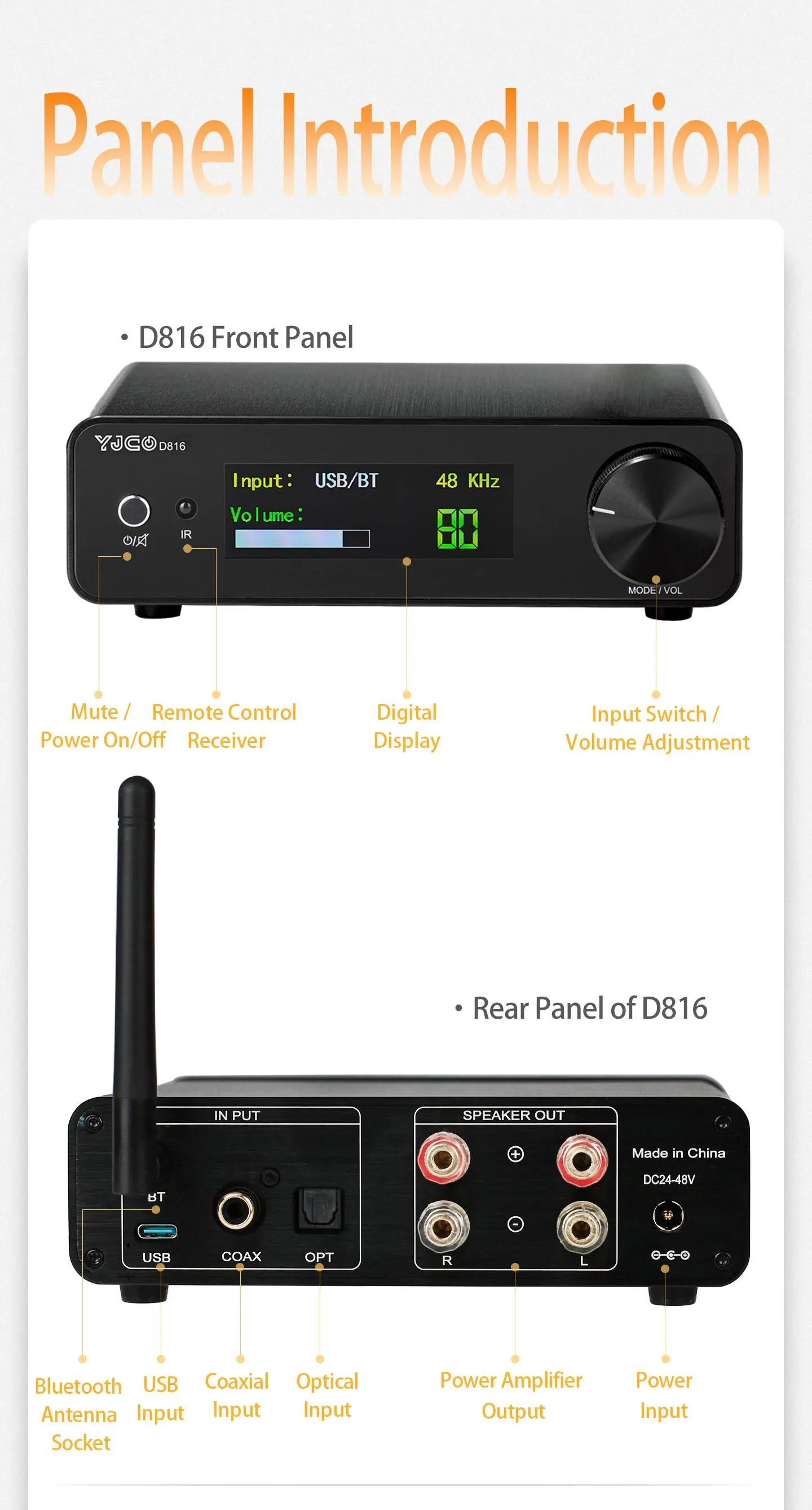 YJCO D816 High-Fidelity Digital HIFI Leistungsverstärker 300W*2 Bluetooth Verlustfreier Heim-Audio-Verstärker Galliumnitrid ACM8816 Chip – Detail 6