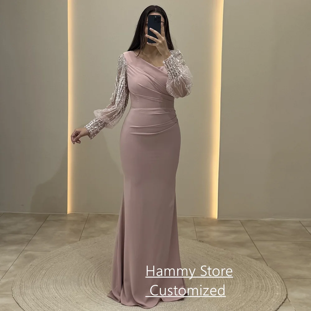 أزياء مساء اللباس مخصص الخامس الرقبة نفخة الأكمام مطرزة اللؤلؤ حورية البحر فستان حفلات قطار للانفصال Fساتين سهلات #3