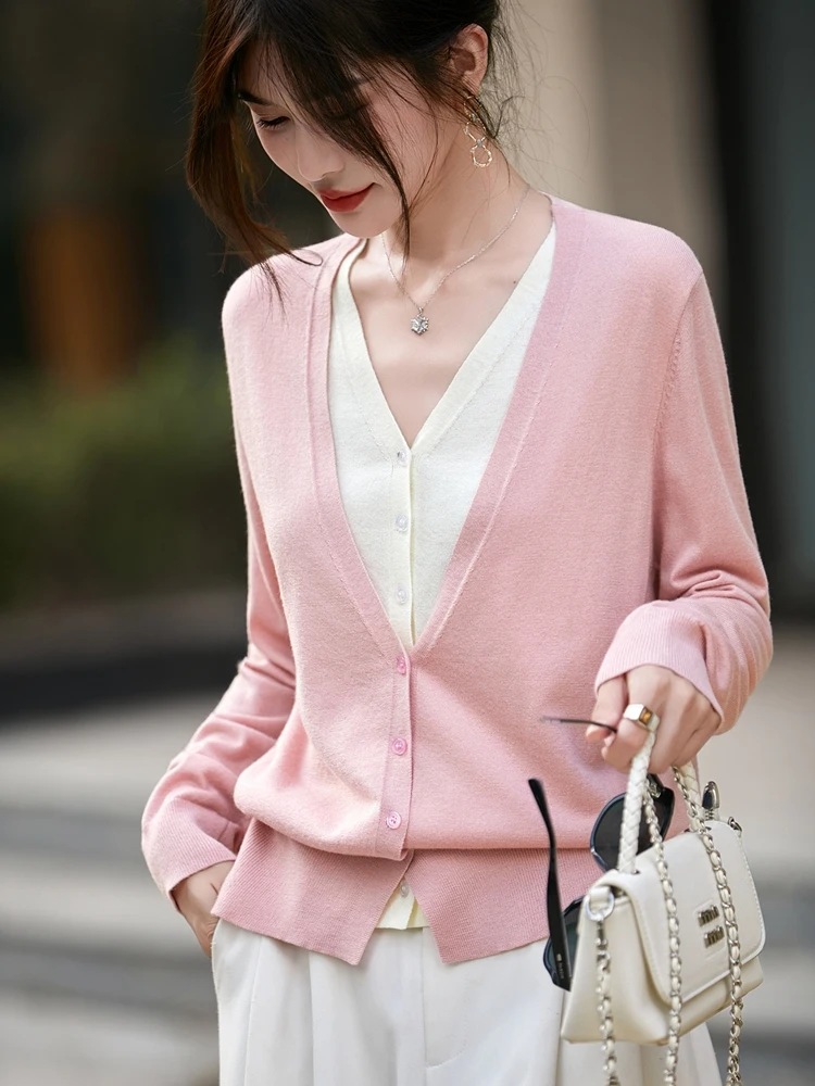 

Весенне-осенний открытый кардиган с v-образным вырезом, вязаный свитер, легкий тонкий цвет, блузка, универсальный французский свободный крой, длинный све, женский...